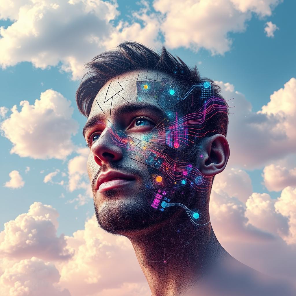 A vibrant and fragmented portrait of a man's face set against a pastel sky background filled with fluffy clouds, creating a serene and whimsical scene