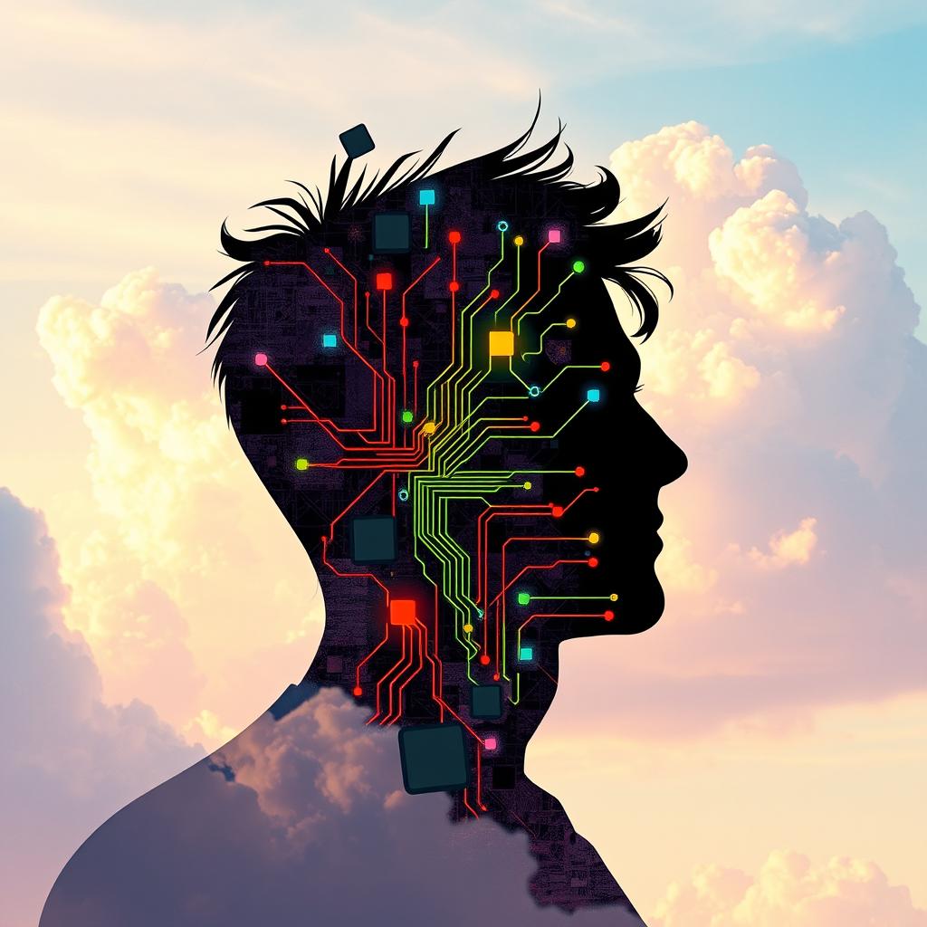 A vibrant and fragmented portrait with a silhouetted man's face, set against a pastel sky background with fluffy clouds, creating a serene and whimsical scene