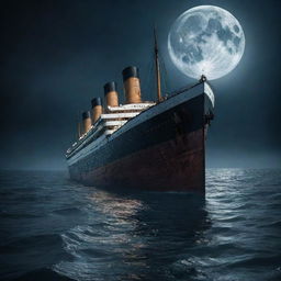 Sunken Titanic emerging from a dark mysterious sea under a full moon