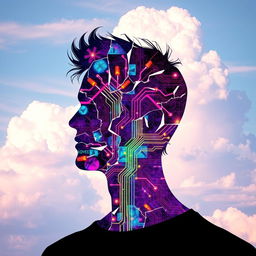 A vibrant and fragmented portrait with a silhouetted man's face, set against a pastel sky background with fluffy clouds, creating a serene and whimsical scene