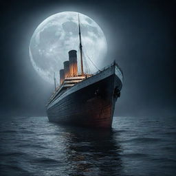 Sunken Titanic emerging from a dark mysterious sea under a full moon