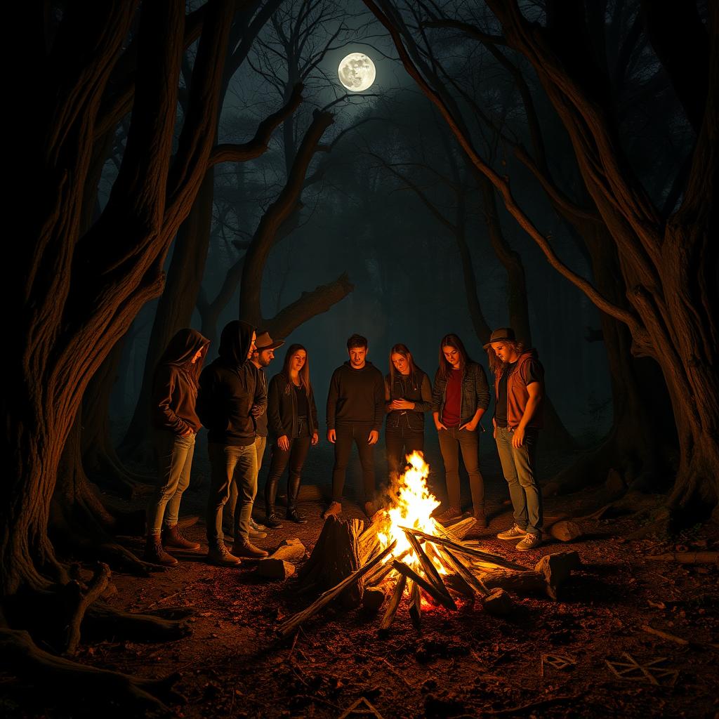 A group of friends gathered around a bonfire in a dense, eerie forest, under the pale moonlight