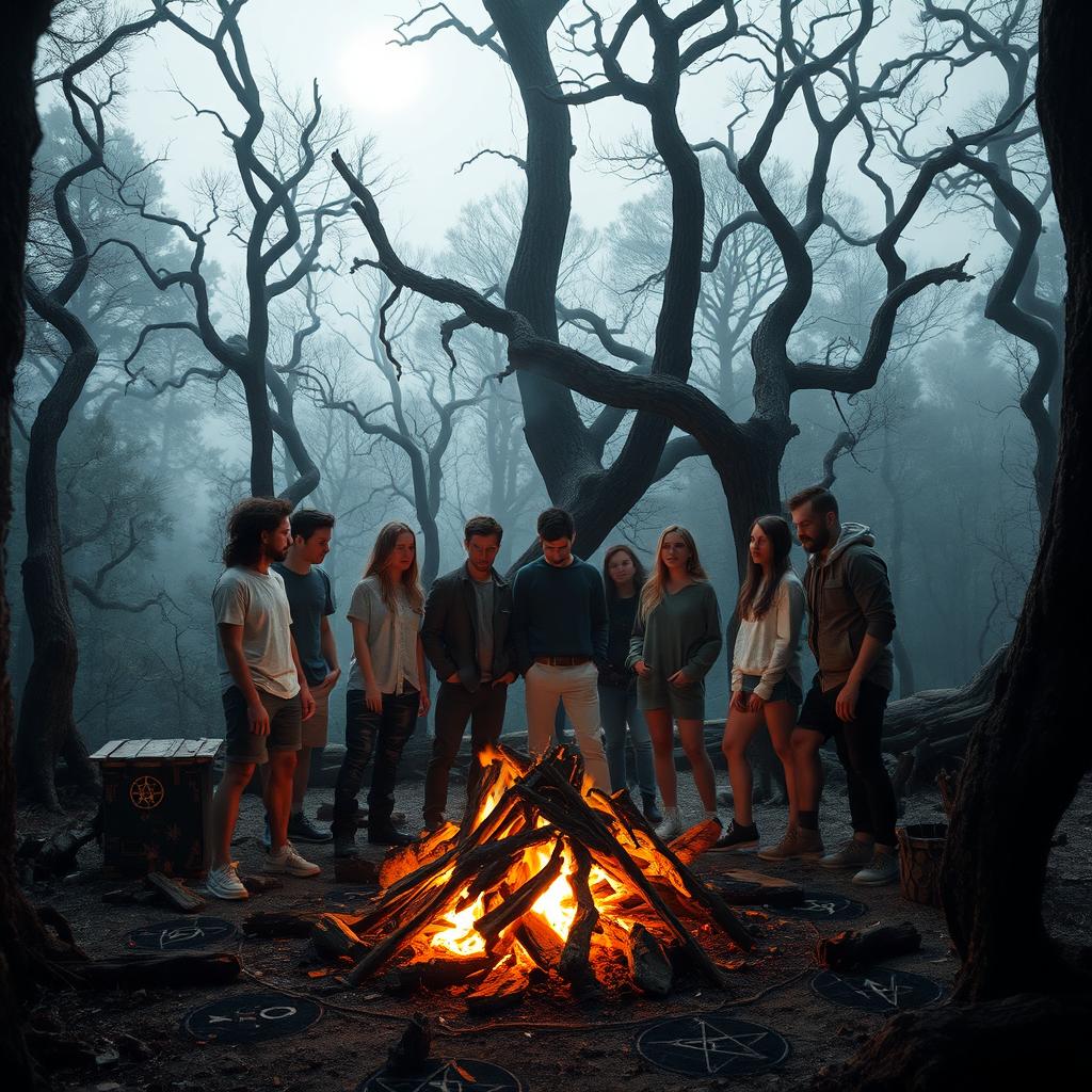 A group of friends gathered around a bonfire in a dense, eerie forest, under the pale moonlight