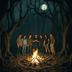 A group of friends gathered around a bonfire in a dense, eerie forest, under the pale moonlight