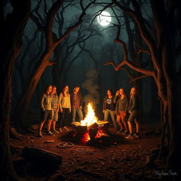 A group of friends gathered around a bonfire in a dense, eerie forest, under the pale moonlight