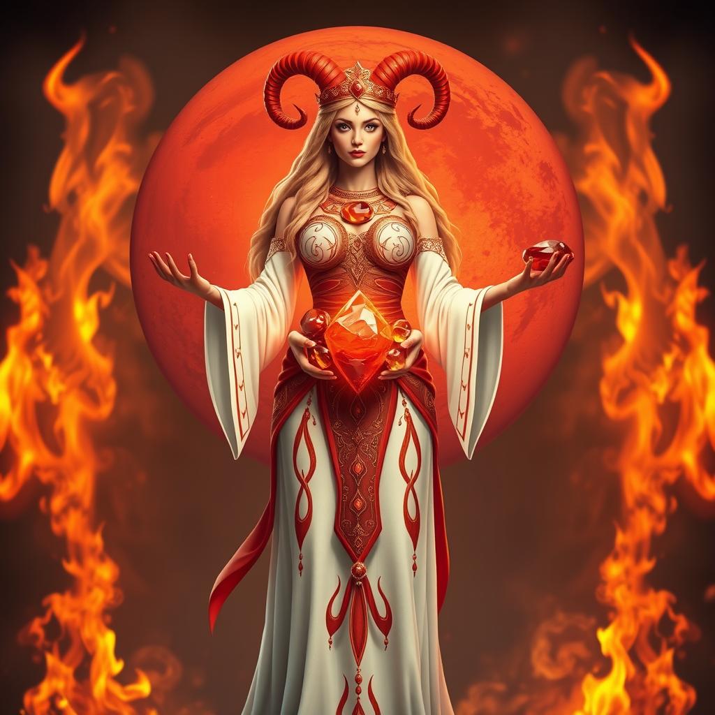 A powerful representation of the Aries Goddess standing confidently with Mars in the backdrop, embodying the fiery spirit of the sign