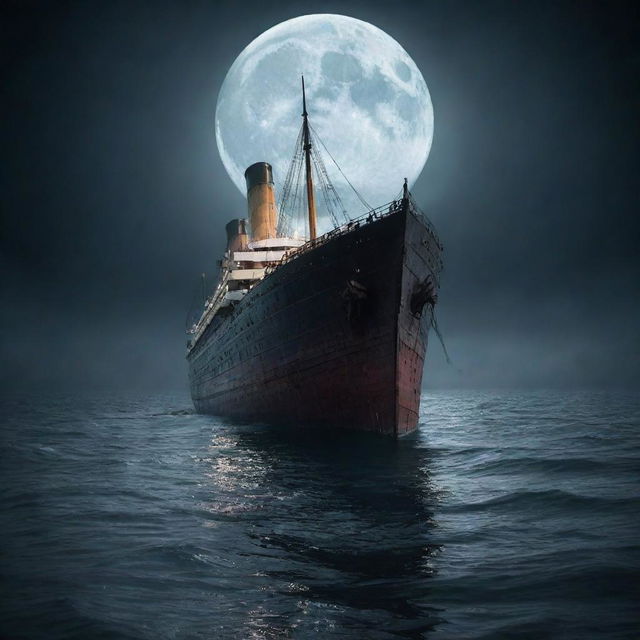 Sunken Titanic emerging from a dark mysterious sea under a full moon