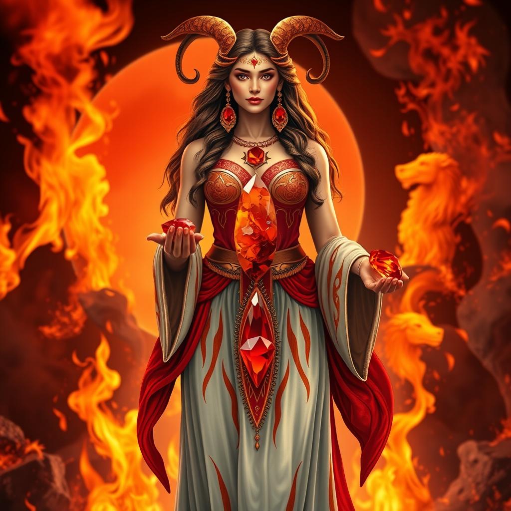 A powerful representation of the Aries Goddess standing confidently with Mars in the backdrop, embodying the fiery spirit of the sign