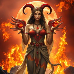 A powerful representation of the Aries Goddess standing confidently with Mars in the backdrop, embodying the fiery spirit of the sign