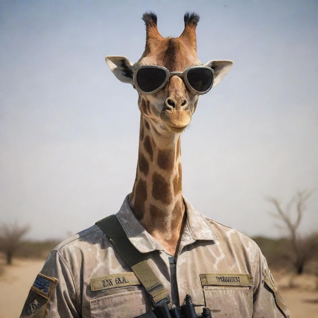 A surreal image of a U.S. Navy Seal soldier with the distinctive look of a giraffe including a long neck and unique markings, wearing a military helmet and goggles.