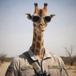 A surreal image of a U.S. Navy Seal soldier with the distinctive look of a giraffe including a long neck and unique markings, wearing a military helmet and goggles.