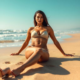 A captivating 30-year-old brunette woman with a muscular physique and very tanned skin is sunbathing on the beach, showcasing her body in a chic bikini and elegant high heels