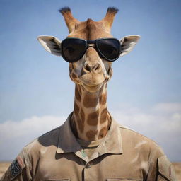 A surreal image of a U.S. Navy Seal soldier with the distinctive look of a giraffe including a long neck and unique markings, wearing a military helmet and goggles.