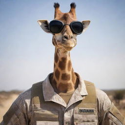 A surreal image of a U.S. Navy Seal soldier with the distinctive look of a giraffe including a long neck and unique markings, wearing a military helmet and goggles.