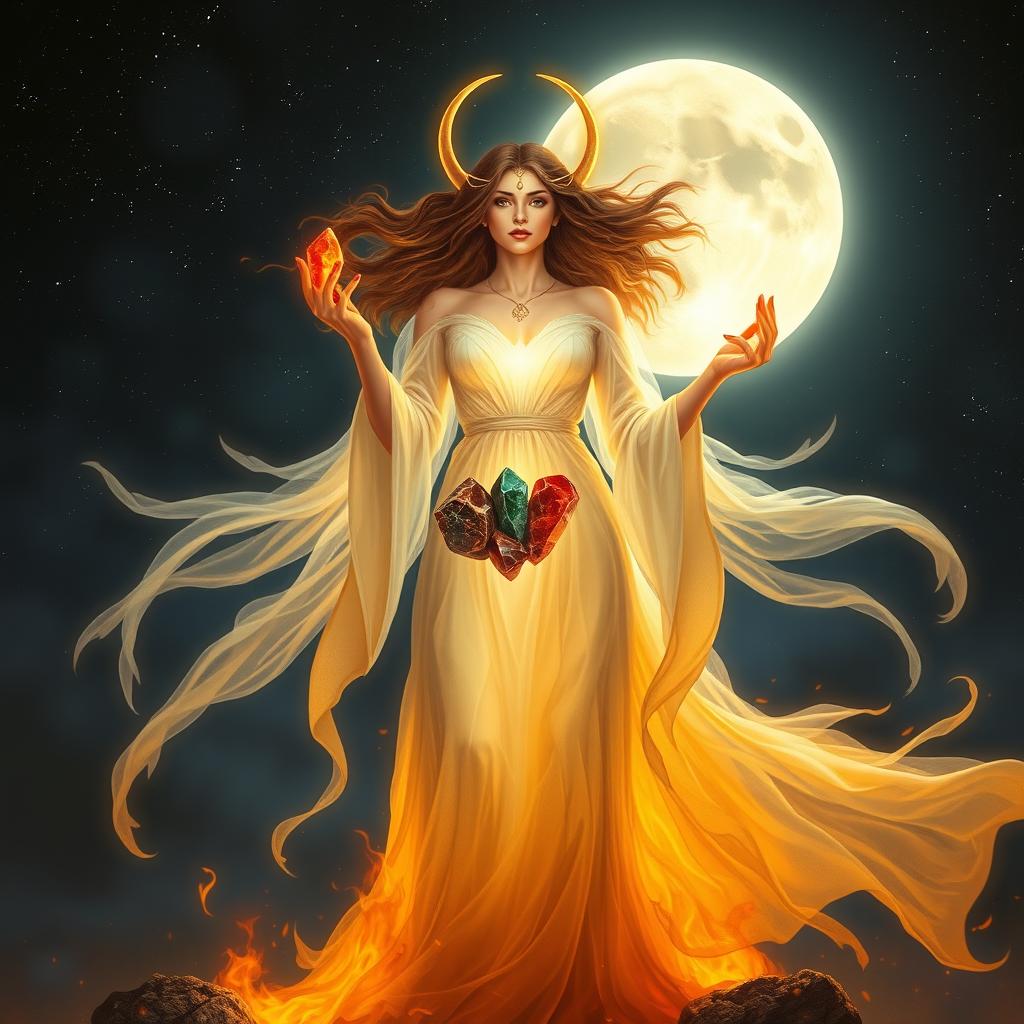 An ethereal Moon, Fire, and Aries goddess stands majestically under the night sky, her flowing robes illuminated by the glow of the moon