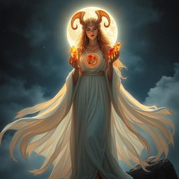 An ethereal Moon, Fire, and Aries goddess stands majestically under the night sky, her flowing robes illuminated by the glow of the moon