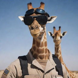 A surreal image of a U.S. Navy Seal soldier with the distinctive look of a giraffe including a long neck and unique markings, wearing a military helmet and goggles.