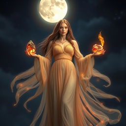 An ethereal Moon, Fire, and Aries goddess stands majestically under the night sky, her flowing robes illuminated by the glow of the moon