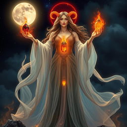 An ethereal Moon, Fire, and Aries goddess stands majestically under the night sky, her flowing robes illuminated by the glow of the moon