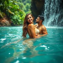 A beautiful and sexy woman in a waterfall, gracefully enjoying the cascading water, with her body partly submerged, highlighting her alluring figure