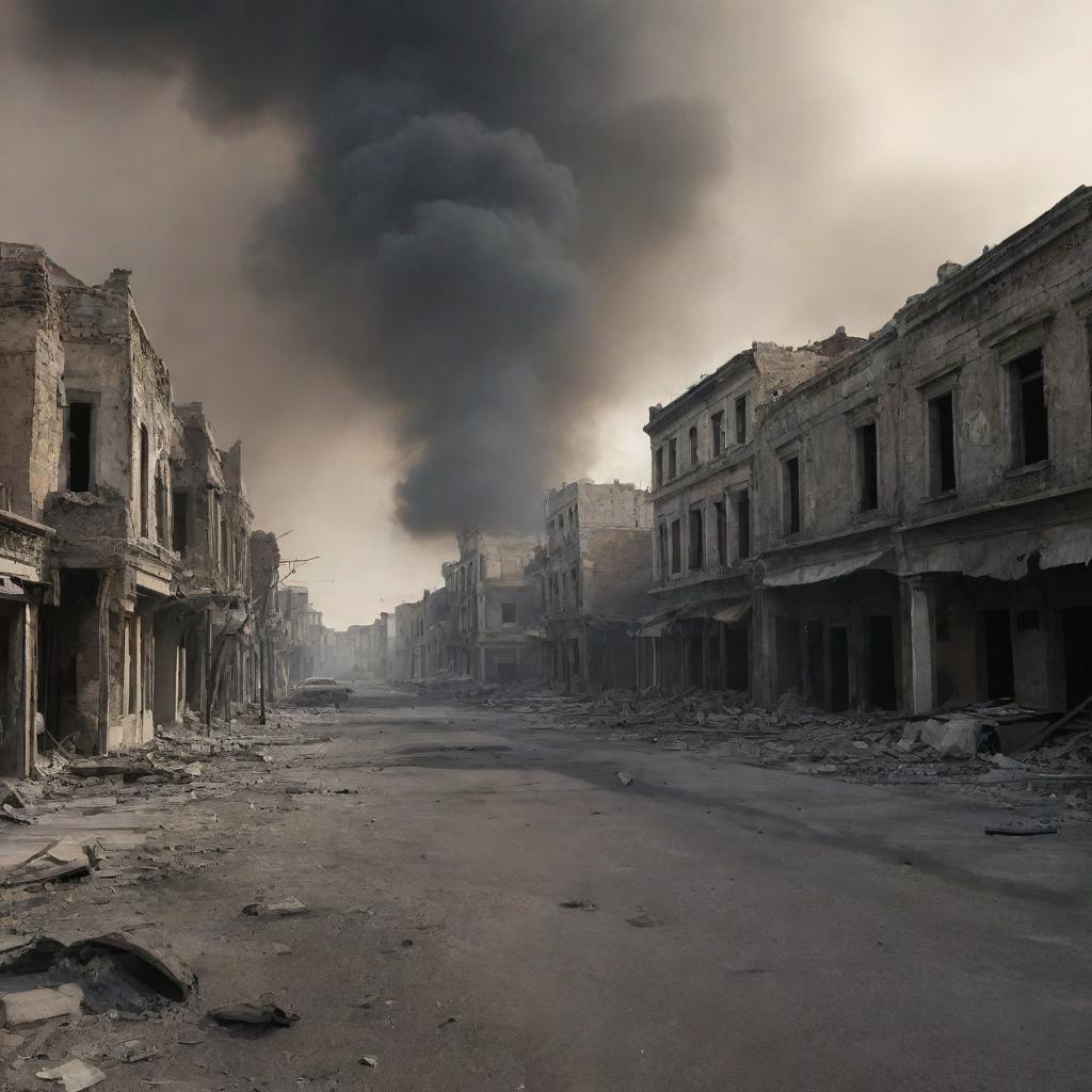 A realistic image of a war zone with deserted streets, ruined buildings, and smoke-filled skies suggesting recent conflict.