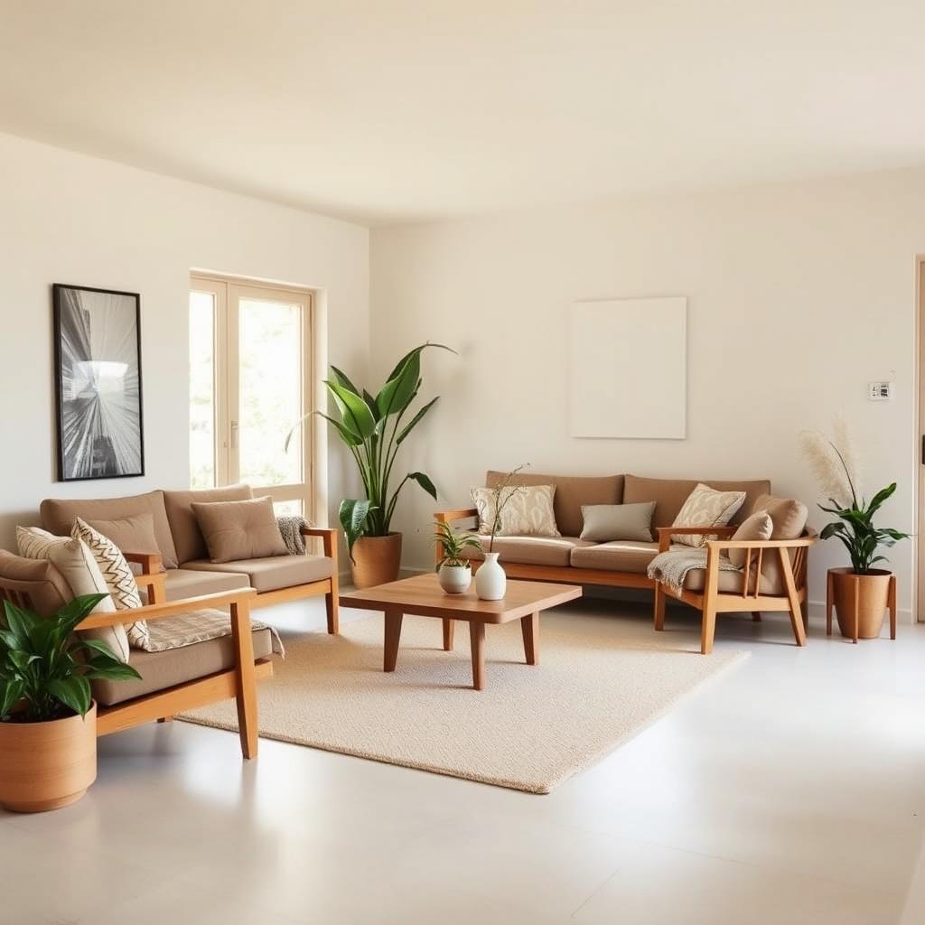 A cozy and modern living room with elegant wooden furniture, including a comfortable sofa, armchairs, and a coffee table