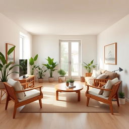 A cozy and modern living room with elegant wooden furniture, including a comfortable sofa, armchairs, and a coffee table