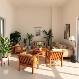 A cozy and modern living room with elegant wooden furniture, including a comfortable sofa, armchairs, and a coffee table