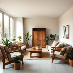 A cozy and modern living room with elegant wooden furniture, including a comfortable sofa, armchairs, and a coffee table