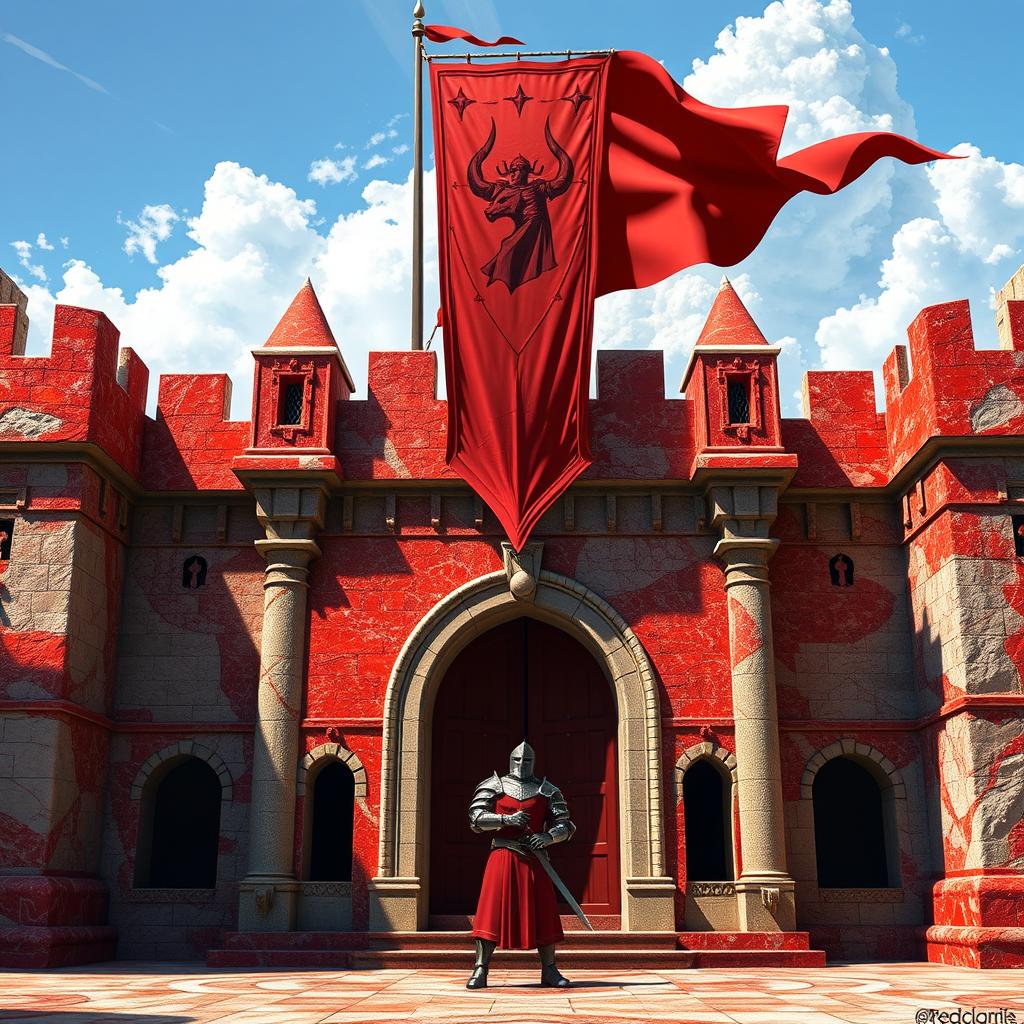 The Crimson Citadel of Valor at the heart of Redbrook, built from glistening crimson-streaked granite, reflecting sunlight like fresh blood