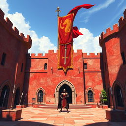 The Crimson Citadel of Valor at the heart of Redbrook, built from glistening crimson-streaked granite, reflecting sunlight like fresh blood