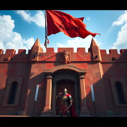 The Crimson Citadel of Valor at the heart of Redbrook, built from glistening crimson-streaked granite, reflecting sunlight like fresh blood