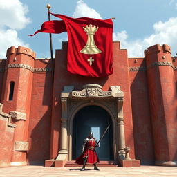 The Crimson Citadel of Valor at the heart of Redbrook, built from glistening crimson-streaked granite, reflecting sunlight like fresh blood
