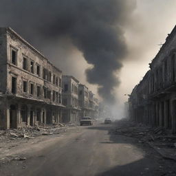 A realistic image of a war zone with deserted streets, ruined buildings, and smoke-filled skies suggesting recent conflict.