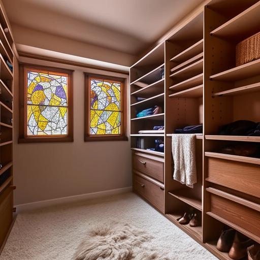 A cozy and warm half-slanted lofted walk-in closet with stained glass windows, fluffy carpet underfoot, dim lighting for ambiance. Filled with quality wooden closets and shelves showcasing a young woman's wardrobe and coffee-themed, autumn-inspired decor.