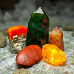 A mystical scene featuring four exquisite crystals: Carnelian with its fiery and vibrant red-orange hue, Bloodstone showcasing deep green tones with intriguing red specks, Red Jasper exhibiting an earthy and warm red, and Citrine glowing with a soft golden light