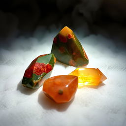 A mystical scene featuring four exquisite crystals: Carnelian with its fiery and vibrant red-orange hue, Bloodstone showcasing deep green tones with intriguing red specks, Red Jasper exhibiting an earthy and warm red, and Citrine glowing with a soft golden light