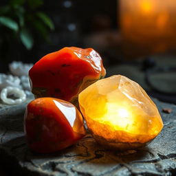 A mystical scene featuring four exquisite crystals: Carnelian with its fiery and vibrant red-orange hue, Bloodstone showcasing deep green tones with intriguing red specks, Red Jasper exhibiting an earthy and warm red, and Citrine glowing with a soft golden light