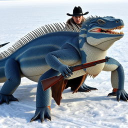 A magnificent, twenty-foot long Komodo dragon with six legs, featuring a striking long blue and white striped fur coat