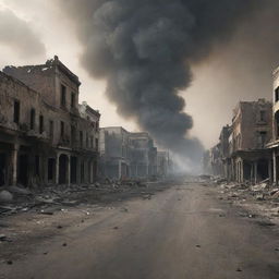 A realistic image of a war zone with deserted streets, ruined buildings, and smoke-filled skies suggesting recent conflict.