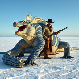 A magnificent, twenty-foot long Komodo dragon with six legs, featuring a striking long blue and white striped fur coat