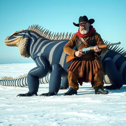 A magnificent, twenty-foot long Komodo dragon with six legs, featuring a striking long blue and white striped fur coat