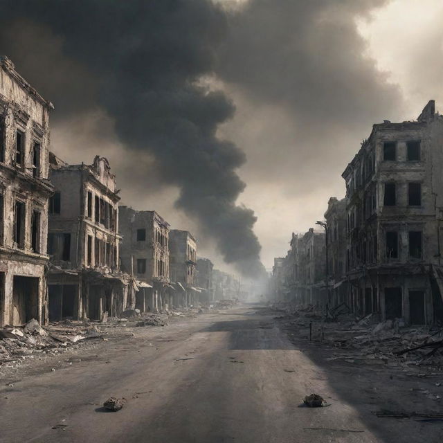 A realistic image of a war zone with deserted streets, ruined buildings, and smoke-filled skies suggesting recent conflict.