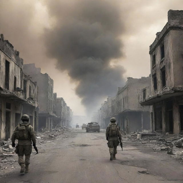 A realistic image of a war zone with deserted streets and ruined buildings, now adding soldiers in camouflage gear warily patrolling the area under smoke-filled skies.