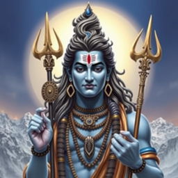 A majestic portrayal of the Hindu deity Shiva, depicted with a divine aura