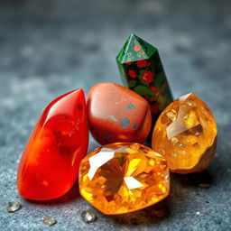 A visually captivating arrangement featuring four stunning crystals: Carnelian with its vibrant red-orange hue, Bloodstone displaying deep green colors with striking red specks, Red Jasper showcasing an earthy and warm red tone, and Gold Topaz gleaming with a rich, golden-yellow brilliance