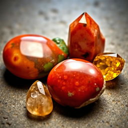 A visually captivating arrangement featuring four stunning crystals: Carnelian with its vibrant red-orange hue, Bloodstone displaying deep green colors with striking red specks, Red Jasper showcasing an earthy and warm red tone, and Gold Topaz gleaming with a rich, golden-yellow brilliance