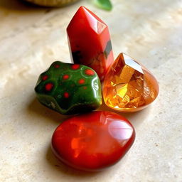 A visually captivating arrangement featuring four stunning crystals: Carnelian with its vibrant red-orange hue, Bloodstone displaying deep green colors with striking red specks, Red Jasper showcasing an earthy and warm red tone, and Gold Topaz gleaming with a rich, golden-yellow brilliance