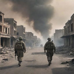 A realistic image of a war zone with deserted streets and ruined buildings, now adding soldiers in camouflage gear warily patrolling the area under smoke-filled skies.