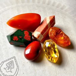 A visually captivating arrangement featuring four stunning crystals: Carnelian with its vibrant red-orange hue, Bloodstone displaying deep green colors with striking red specks, Red Jasper showcasing an earthy and warm red tone, and Gold Topaz gleaming with a rich, golden-yellow brilliance